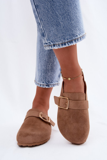 Clogs slippers with gold buckles in khaki Taffira