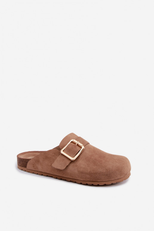 Clogs slippers with gold buckles in khaki Taffira