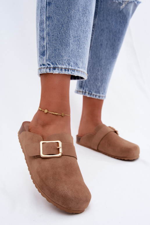 Clogs slippers with gold buckles in khaki Taffira