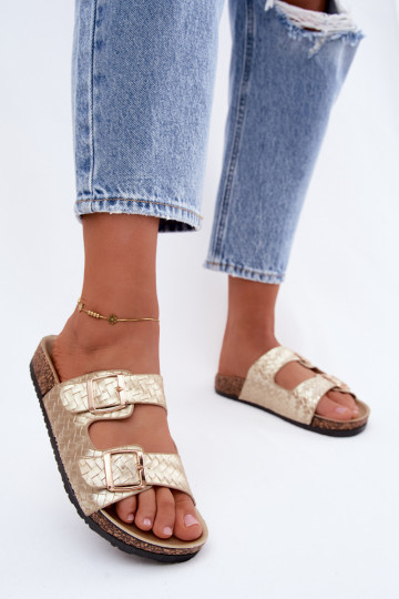 Gold-colored women's slippers with buckles Verbelle