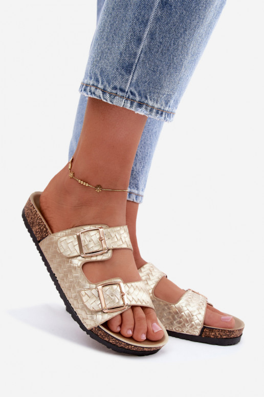 Gold-colored women's slippers with buckles Verbelle