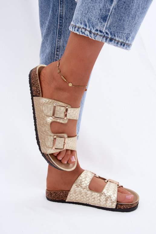 Gold-colored women's slippers with buckles Verbelle