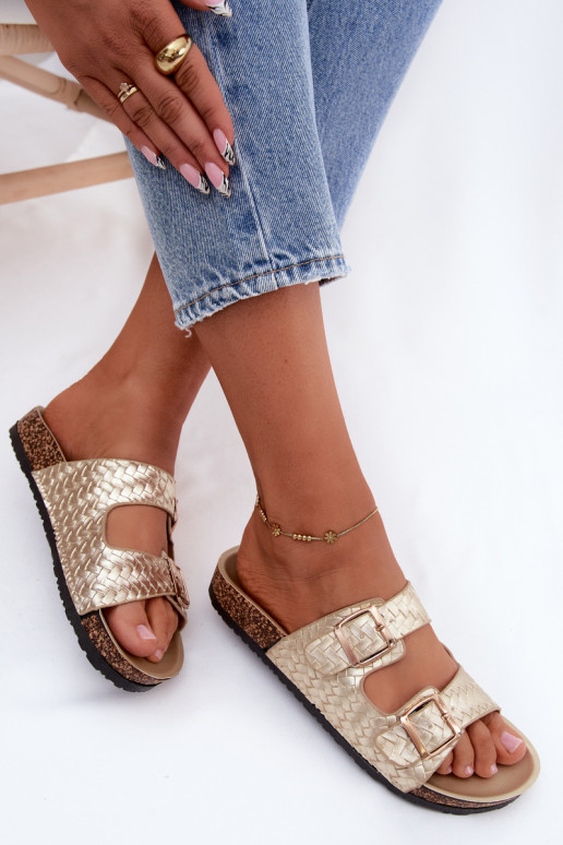 Gold-colored women's slippers with buckles Verbelle