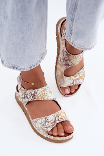 White-gold women's sandals with platform and sticky fastenings