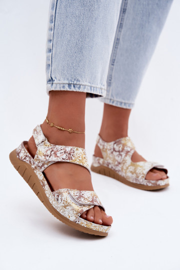 White-gold women's sandals with platform and sticky fastenings 2