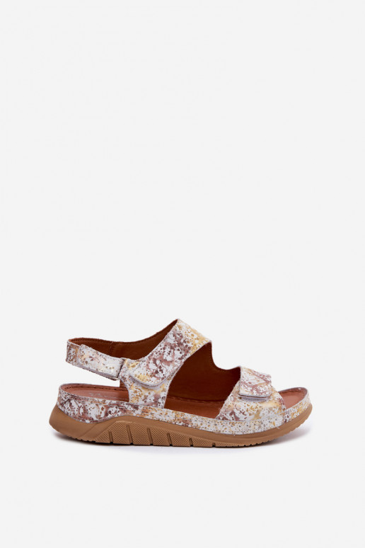 White-gold women's sandals with platform and sticky fastenings