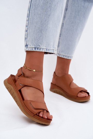 Brown women's sandals with platform and sticky fastenings