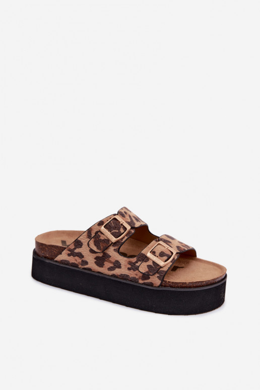 Women's platform slippers with buckles, leopard print