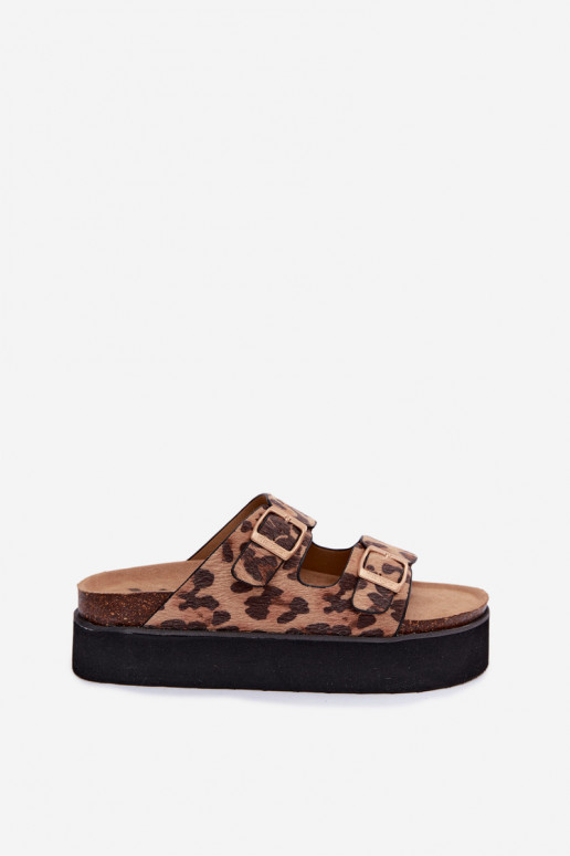 Women's platform slippers with buckles, leopard print