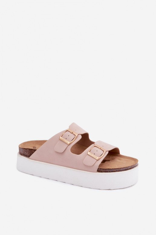 Pink women's slippers with platform and buckles