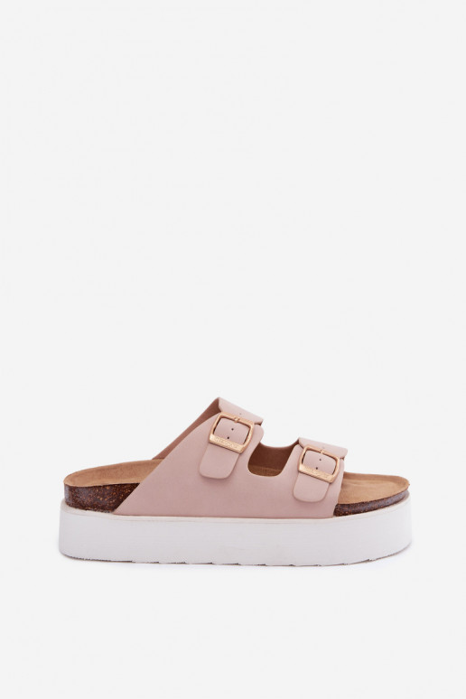 Pink women's slippers with platform and buckles