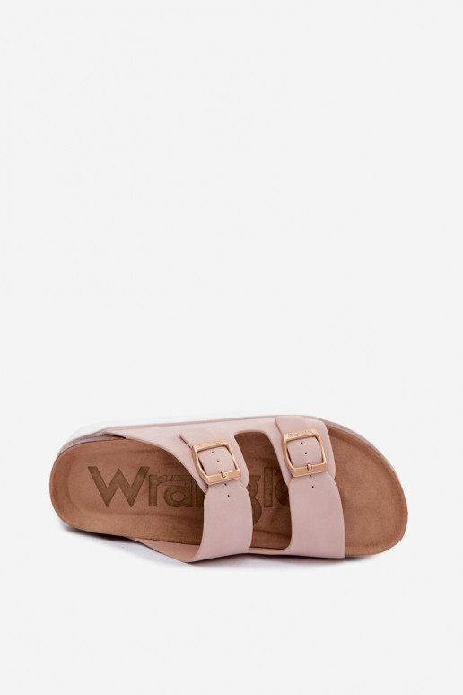 Pink women's slippers with platform and buckles
