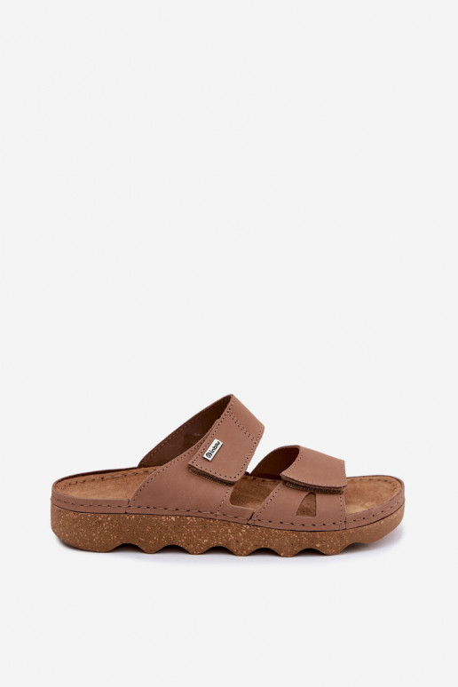 Brown leather slippers with sticky fastening Inblu