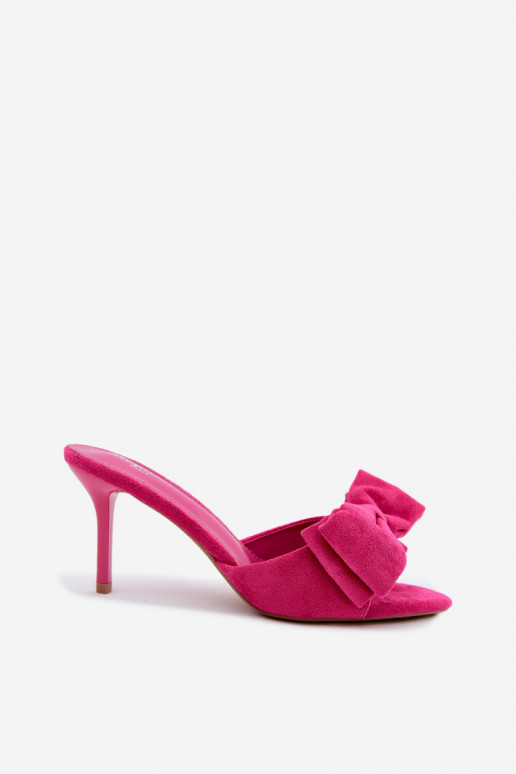 Women's slippers with thin heels and bows in faux suede pink Tai turignolia