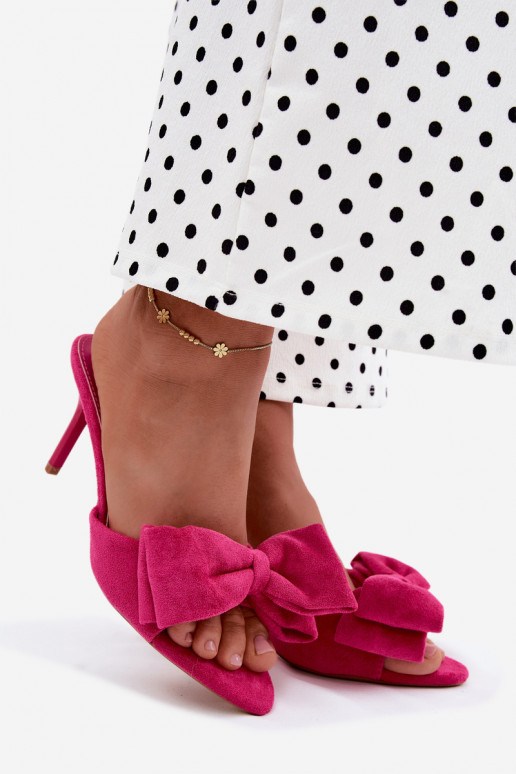 Women's slippers with thin heels and bows in faux suede pink Tai turignolia