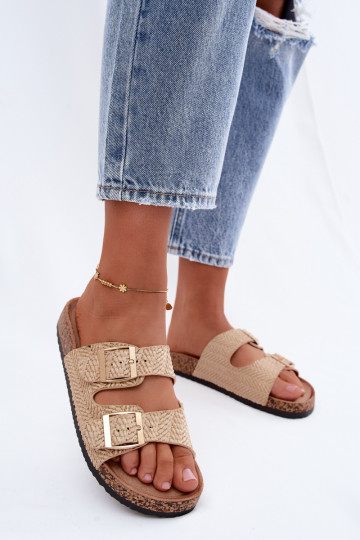 Women's slippers with braids and gold buckles in sand color Tai turignovia 2