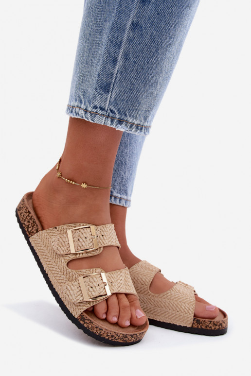 Women's slippers with braids and gold buckles in sand color Tai turignovia