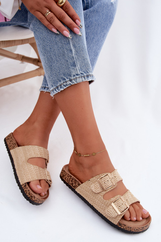 Women's slippers with braids and gold buckles in sand color Tai turignovia