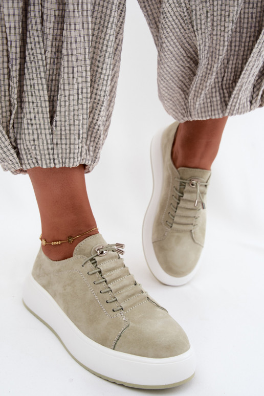 Półbuty Sneakersy Na PlatformiewithNaturalnego Zamszu Miętowe Blushy