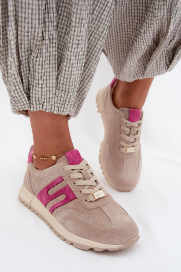 Buty Sportowe SneakersywithNaturalnego Zamszu Damskie Beżowe Lovey