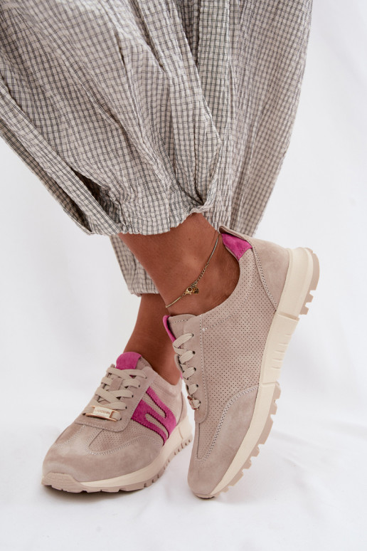 Buty Sportowe SneakersywithNaturalnego Zamszu Damskie Beżowe Lovey