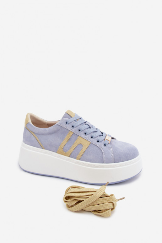Sneakersy Damskie Na Platformie Skóra Zamszowa Niebieskie Salima