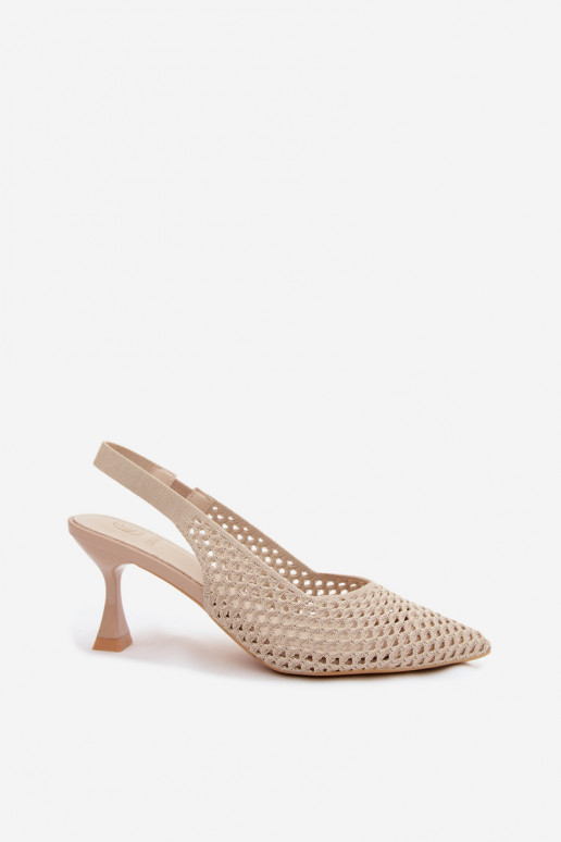 Perforated Fabric Heeled Sandals Hourglass Shape Beige Cherryla