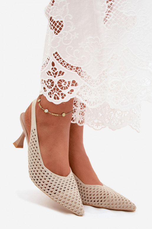 Perforated Fabric Heeled Sandals Hourglass Shape Beige Cherryla