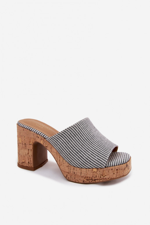 Women's slippers with heels and stripes in black Poplina