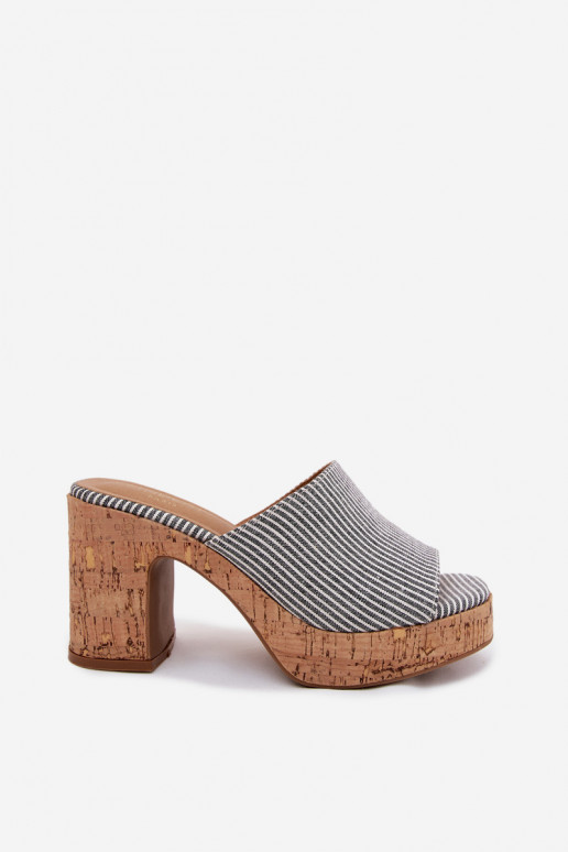 Women's slippers with heels and stripes in black Poplina