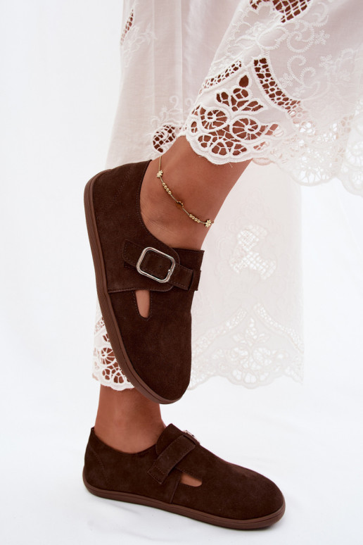 Women's shoes with buckles made of faux suede in chocolate color Sombellia
