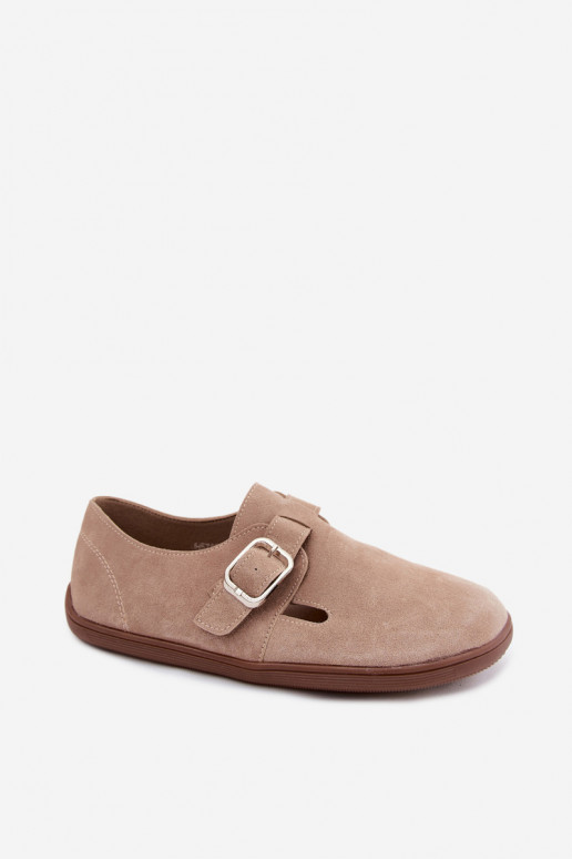 Sand-colored women's shoes with buckles made of faux suede Sombellia