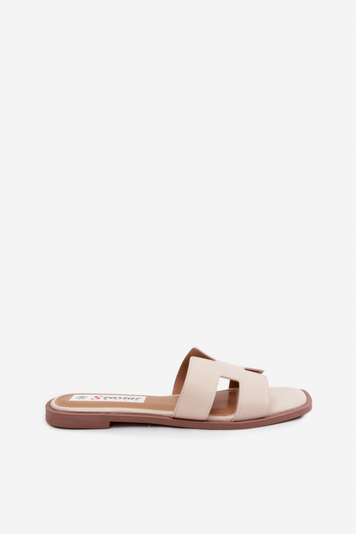 Women's slippers with cut-outs flat made of faux leather in ivory color Santoria