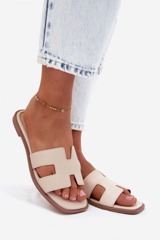 Women's slippers with cut-outs flat made of faux leather in ivory color Santoria