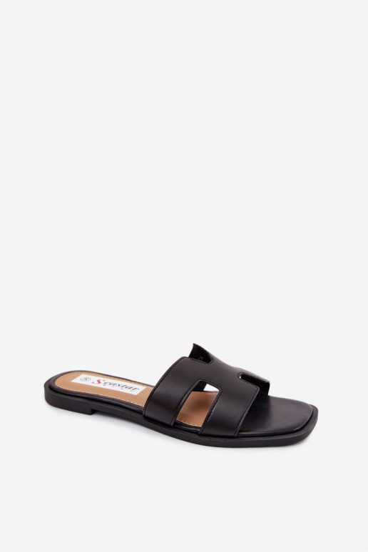 Black faux leather women's slippers with cutouts Santoria