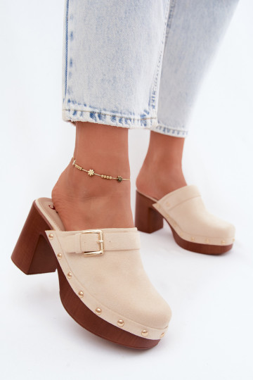 Sand-colored women's clogs with heels, buckles, and studs Lagunelle 2