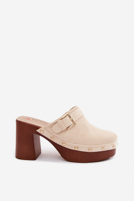 Sand-colored women's clogs with heels, buckles, and studs Lagunelle