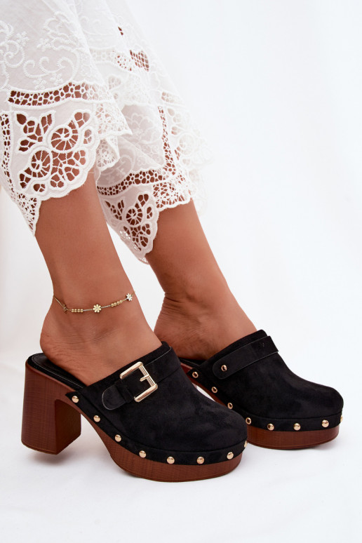 Black women's clogs with heels, buckles, and studs Lagunelle
