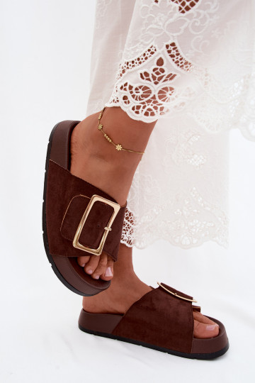 CzekoladoĮe women's slippers with gold-colored buckles and platform made of faux suede Coralora