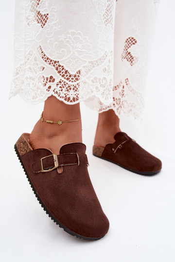 Chocolate-colored women's clogs with buckles made of faux suede Tropina 2