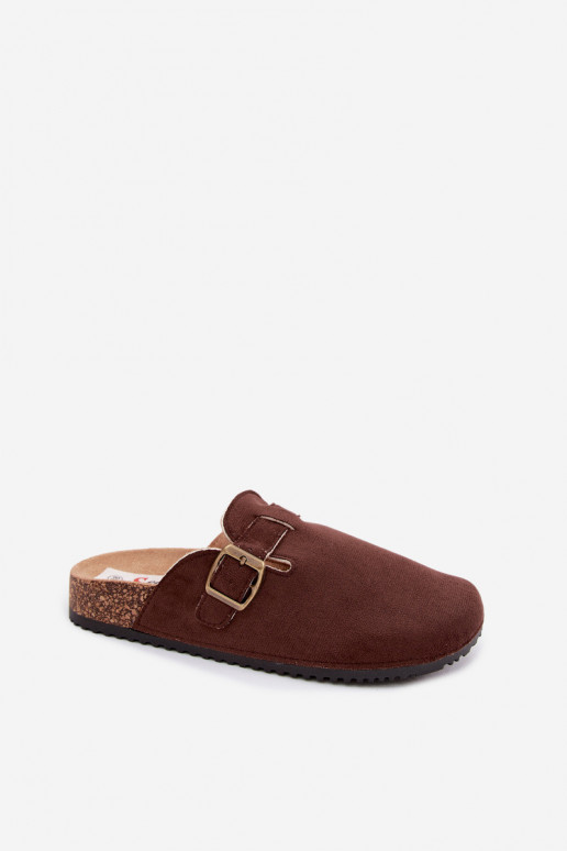 Chocolate-colored women's clogs with buckles made of faux suede Tropina