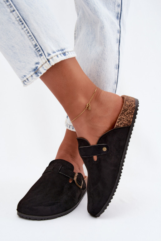 Black women's clogs with buckles made of faux suede Tropina