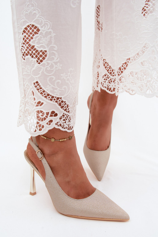 Golden shiny high heels with open heel Marcella