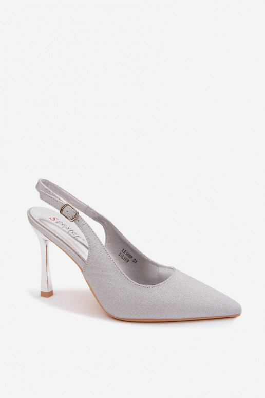 Silver shiny high heels with open heel Marcella