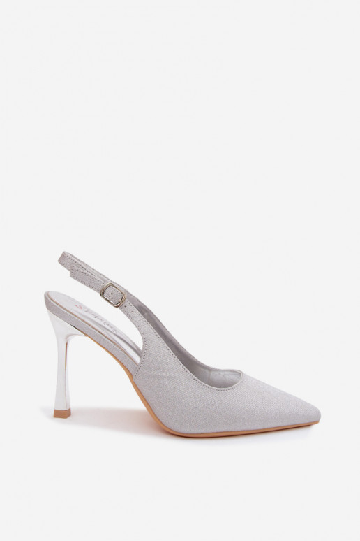 Silver shiny high heels with open heel Marcella