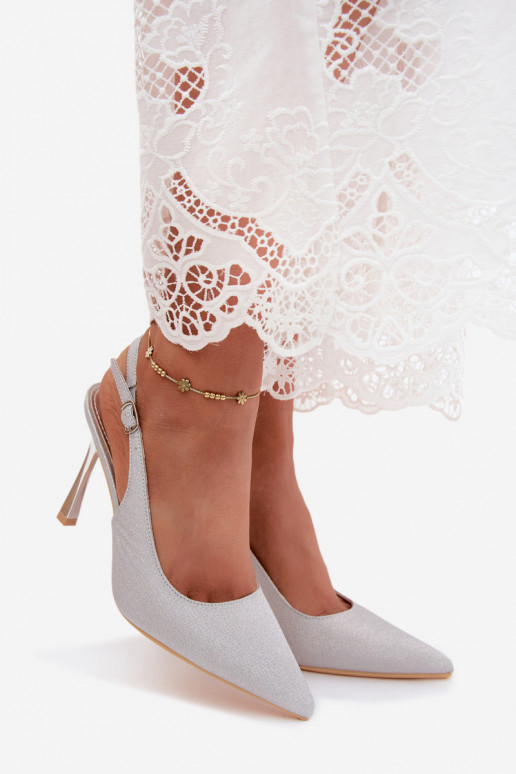 Silver shiny high heels with open heel Marcella