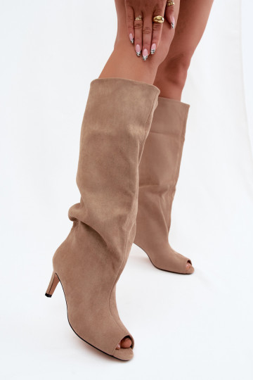 Chaki colored long boots with open toes made of faux suede on a thin heel Puffina