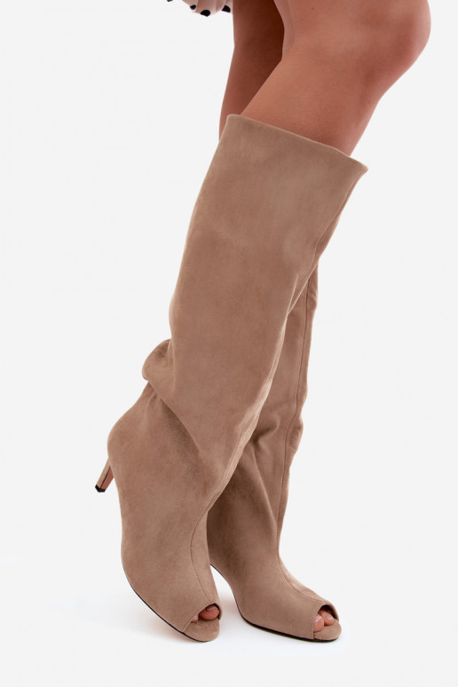 Chaki colored long boots with open toes made of faux suede on a thin heel Puffina