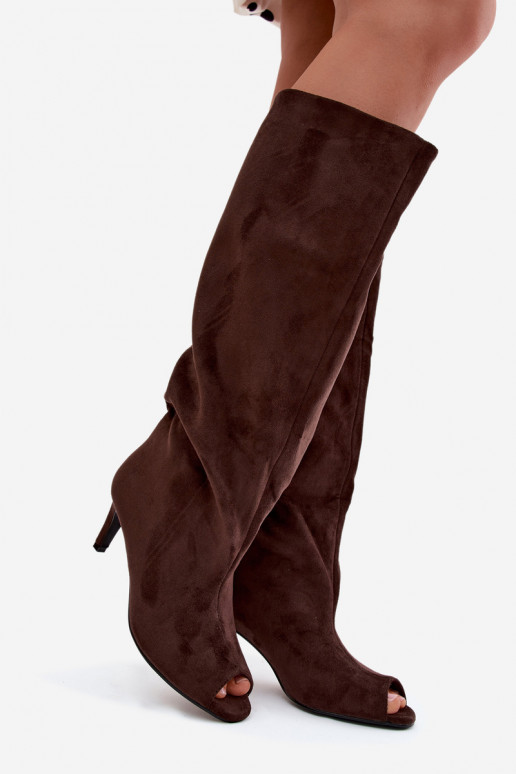 Chocolate colored long boots with open toes made of faux suede on a thin heel Puffina