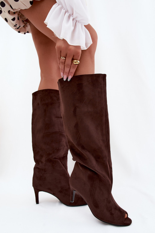 Chocolate colored long boots with open toes made of faux suede on a thin heel Puffina